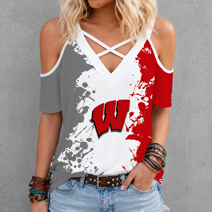 [FAN FAVORITE] NEW CUSTOMIZED NCAA FBS18 WSB WISCONSIN BADGERS CRISS CROSS V-NECK TOP