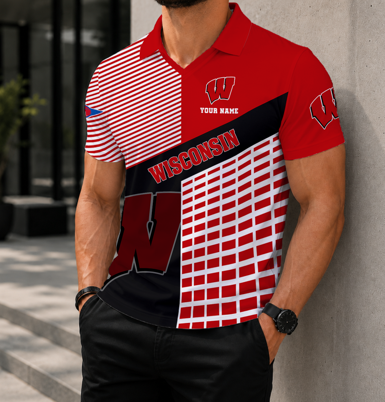 VIRAL EDITION - NEW CUSTOMIZED NCAA FBS18 WSB WISCONSIN BADGERS POLO SHIRT