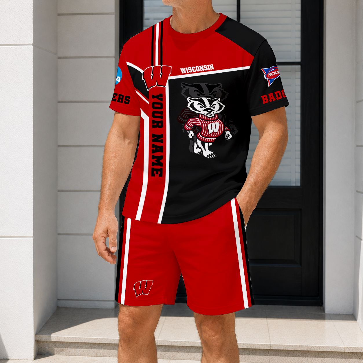 ELITE EDITION - NEW CUSTOMIZED NCAA FBS18 WSB WISCONSIN BADGERS T-SHIRT & SHORT PANTS SET
