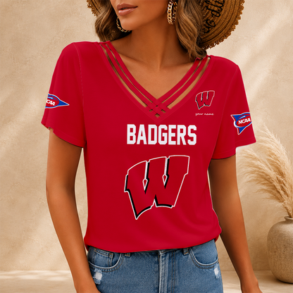 [FAN FAVORITE] NEW CUSTOMIZED NCAA FBS18 WSB WISCONSIN BADGERS V-NECK SHIRT