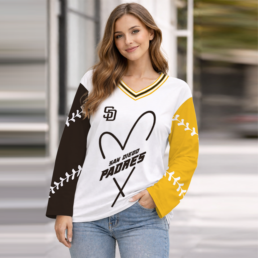 LIMITED EDITION - NEW CUSTOMIZED MLB18 SDP SAN DIEGO PADRES WOMEN'S HEART V-NECK LONG SLEEVE SHIRT