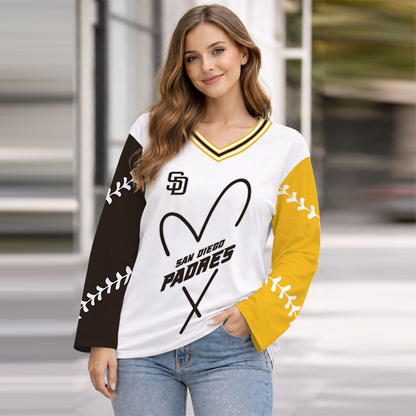 LIMITED EDITION - NEW CUSTOMIZED MLB18 SDP SAN DIEGO PADRES WOMEN'S HEART V-NECK LONG SLEEVE SHIRT