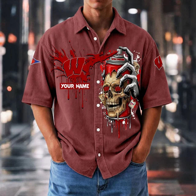 MEGA SALE - NEW CUSTOMIZED NCAA FBS18 WSB WS BADGERS SEERSUCKER BUTTON SHIRT