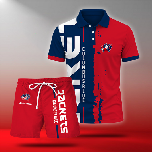 LIMITED EDITION - NEW CUSTOMIZED NHL18 CBJ COLUMBUS BLUE JACKETS POLO & SHORT PANTS SET