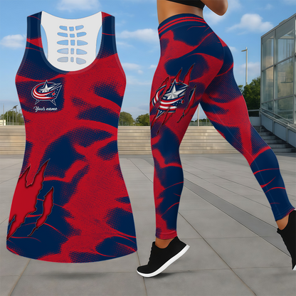 LIMITED EDITION - NEW CUSTOMIZED NHL18 CBJ COLUMBUS BLUE JACKETS LEGGINGS & HOLLOW TANK TOP SET
