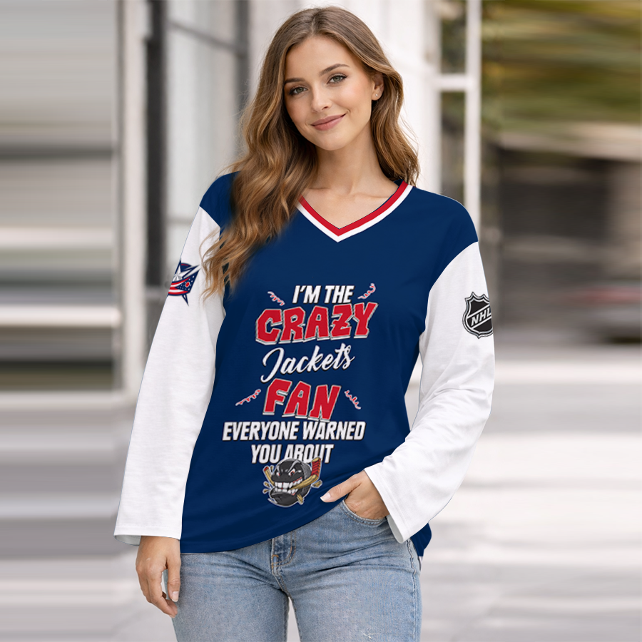 LIMITED EDITION - NEW CUSTOMIZED NHL18 CBJ COLUMBUS BLUE JACKETS WOMEN'S HEART V-NECK LONG SLEEVE SHIRT