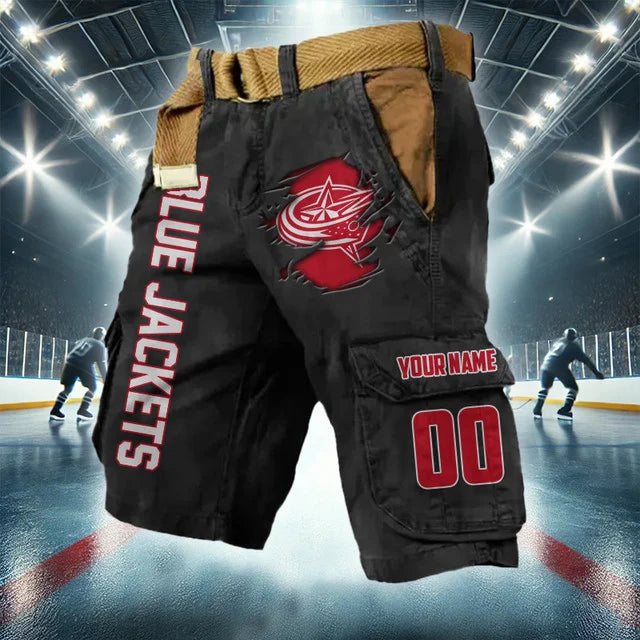 LIMITED EDITION - NEW CUSTOMIZED NHL18 CBJ COLUMBUS BLUE JACKETS CARGO SHORTS