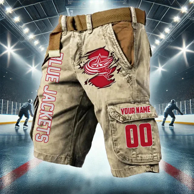 LIMITED EDITION - NEW CUSTOMIZED NHL18 CBJ COLUMBUS BLUE JACKETS CARGO SHORTS