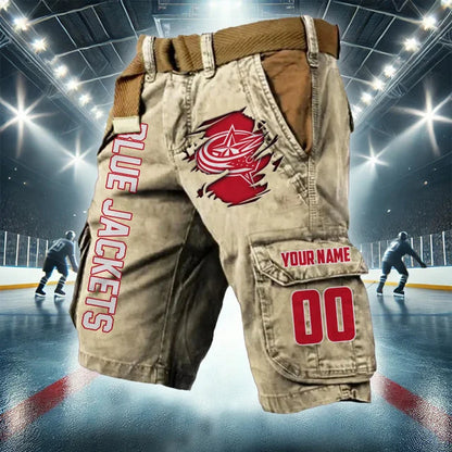 LIMITED EDITION - NEW CUSTOMIZED NHL18 CBJ COLUMBUS BLUE JACKETS CARGO SHORTS