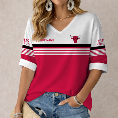 LIMITED EDITION - NEW CUSTOMIZED NBA19 CBU CHICAGO BULLS WOMEN'S HEART V-NECK LONG SLEEVE SHIRT