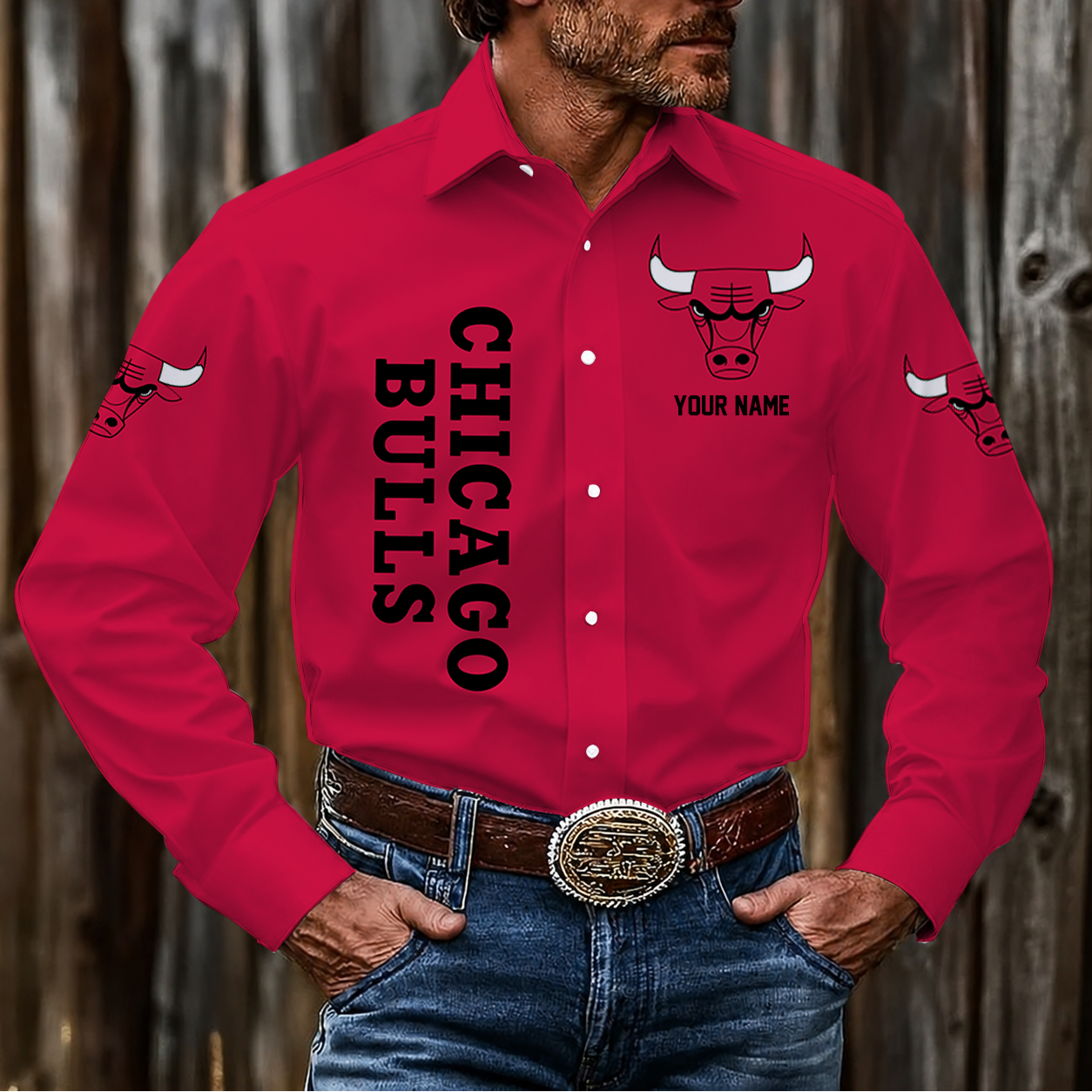 LIMITED EDITION - NEW CUSTOMIZED NBA19 CBU CHICAGO BULLS MEN'S LONG SLEEVE BUTTON-UP SHIRT