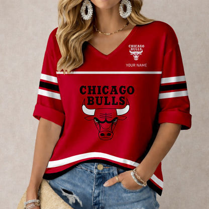 LIMITED EDITION - NEW CUSTOMIZED NBA19 CBU CHICAGO BULLS WOMEN'S HEART V-NECK LONG SLEEVE SHIRT