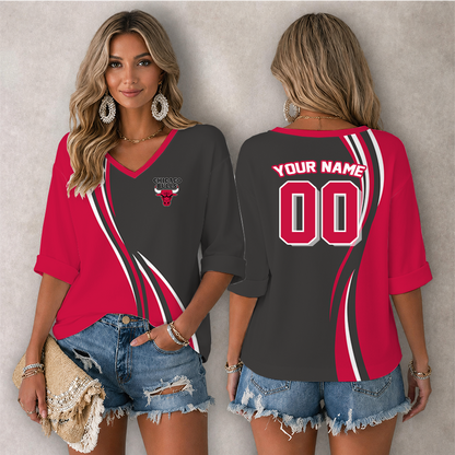 LIMITED EDITION - NEW CUSTOMIZED NBA19 CBU CHICAGO BULLS WOMEN'S HEART V-NECK LONG SLEEVE SHIRT
