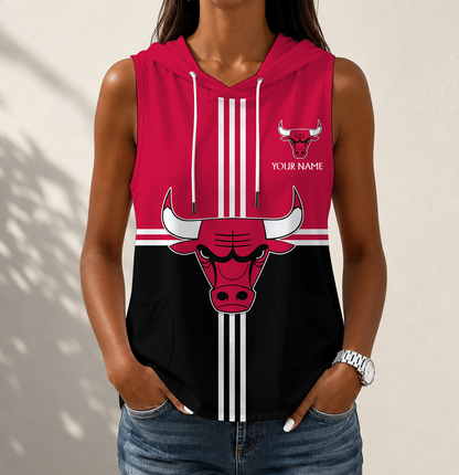 LIMITED EDITION - NEW CUSTOMIZED NBA19 CBU CHICAGO BULLS WOMEN'S SLEEVELESS HOODED POCKET TANK TOP