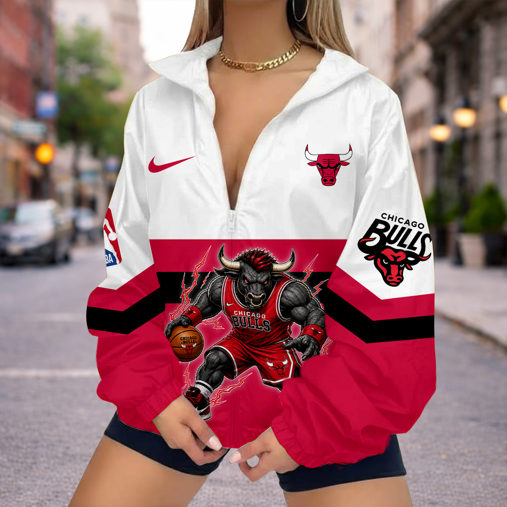 VIRAL EDITION - NEW CUSTOMIZED NBA19 CBU CHICAGO BULLS V-NECK ZIPPER SWEATSHIRT JACKET