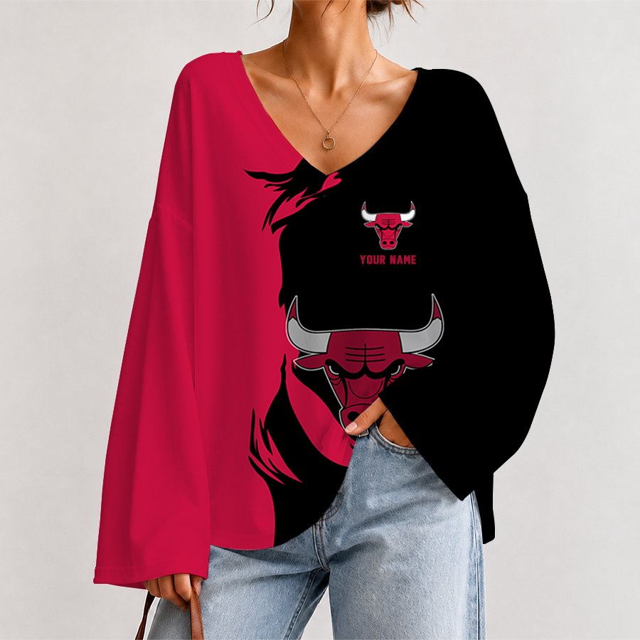 [HOT DEAL] NEW CUSTOMIZED NBA19 CBU CHICAGO BULLS V-NECK LONG SLEEVED CROP TOP