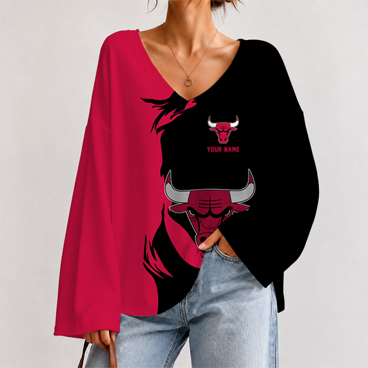 [HOT DEAL] NEW CUSTOMIZED NBA19 CBU CHICAGO BULLS V-NECK LONG SLEEVED CROP TOP