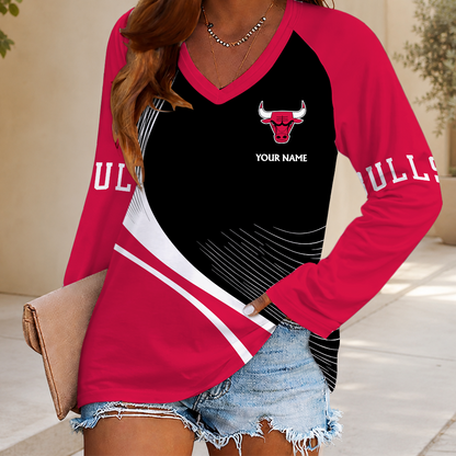 LIMITED EDITION - NEW CUSTOMIZED NBA19 CBU CHICAGO BULLS WOMEN'S V-NECK LONG SLEEVED SHIRT