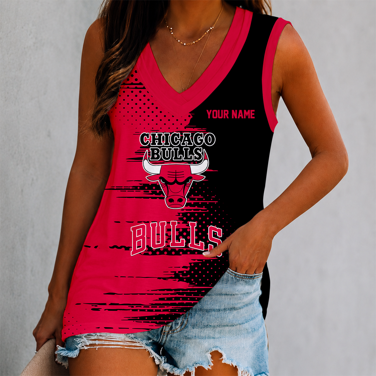 FINAL SALE - NEW CUSTOMIZED NBA19 CBU CHICAGO BULLS WOMEN'S V-NECK TANK TOP