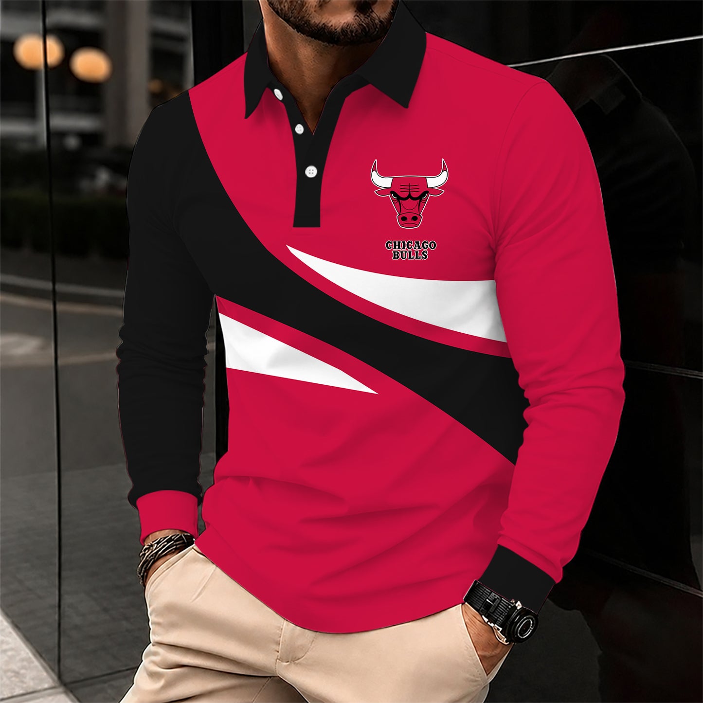 [HOT DEAL] NEW CUSTOMIZED NBA19 CBU CHICAGO BULLS MEN LONG SLEEVE POLO