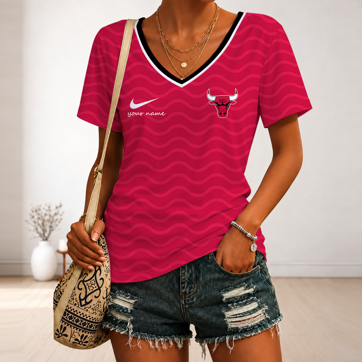 [HOT DEAL] NEW CUSTOMIZED NBA19 CBU CHICAGO BULLS V-NECK FEMALE SHIRT