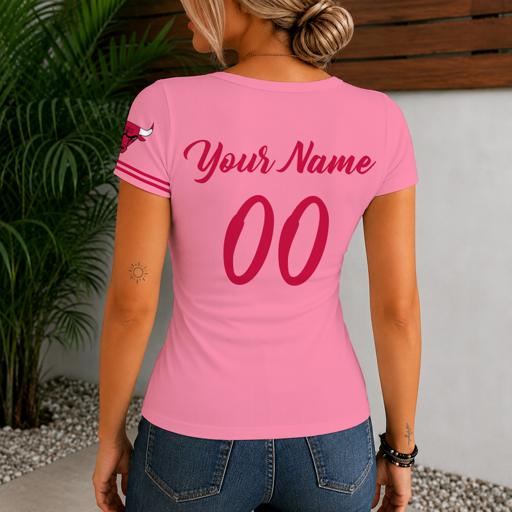 [HOT DEAL] NEW CUSTOMIZED NBA19 CBU CHICAGO BULLS  WOMEN'S SHORT SLEEVE HENLEY T-SHIRT