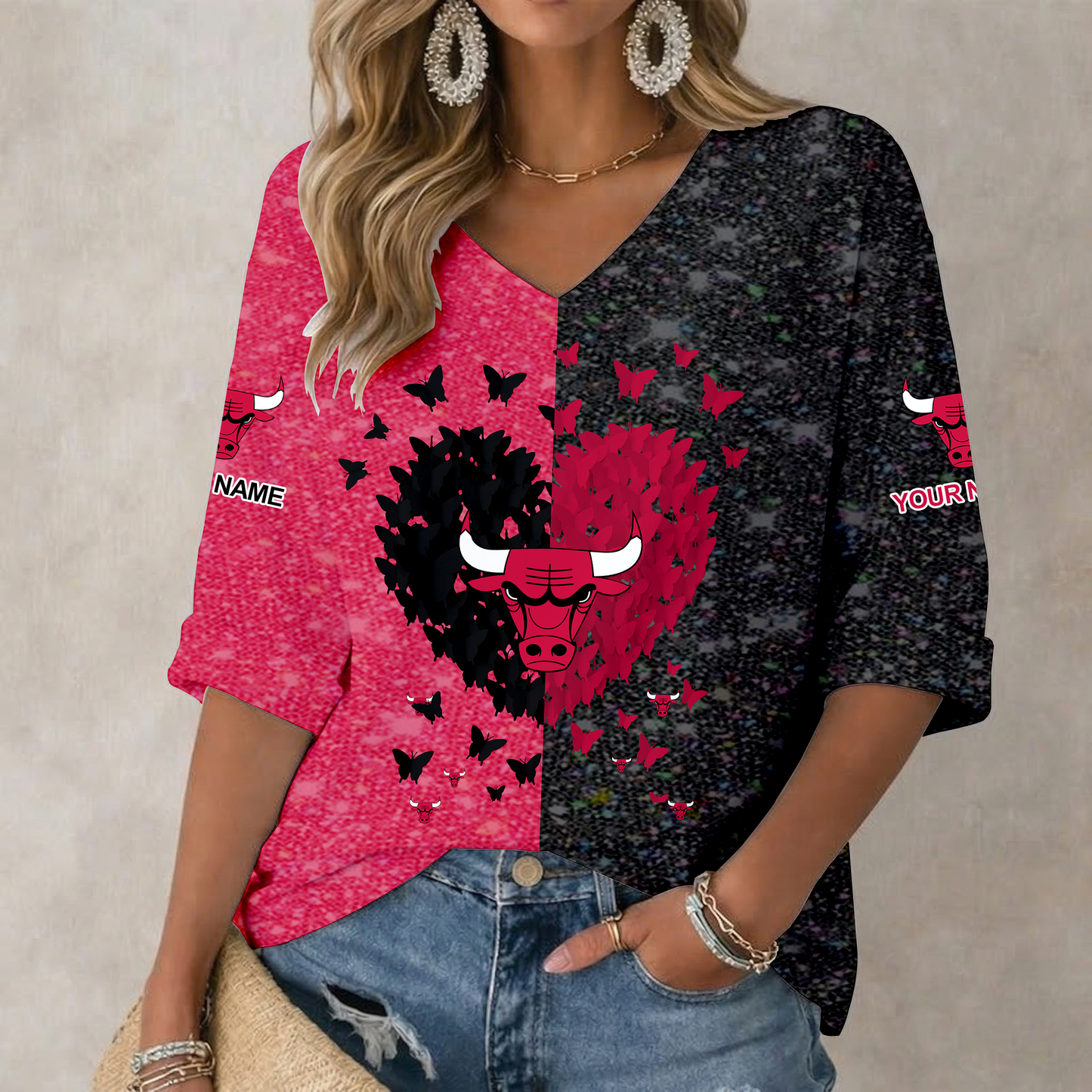 LIMITED EDITION - NEW CUSTOMIZED NBA19 CBU CHICAGO BULLS WOMEN'S HEART V-NECK LONG SLEEVE SHIRT