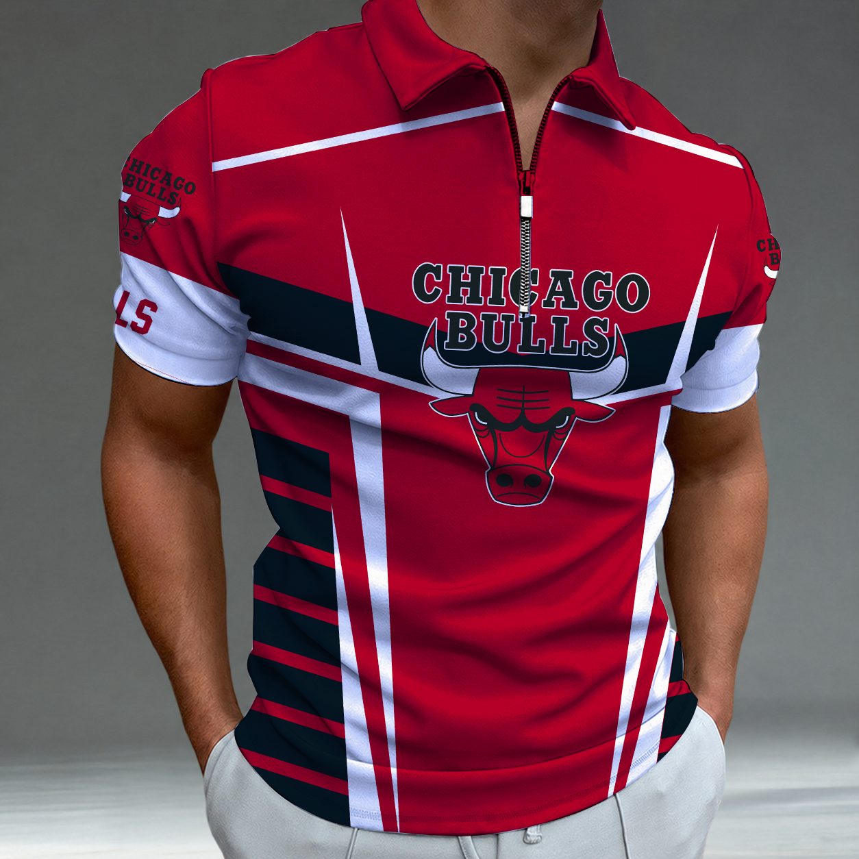 [HOT DEAL] NEW CUSTOMIZED NBA19 CBU CHICAGO BULLS ZIP POLO SHIRT