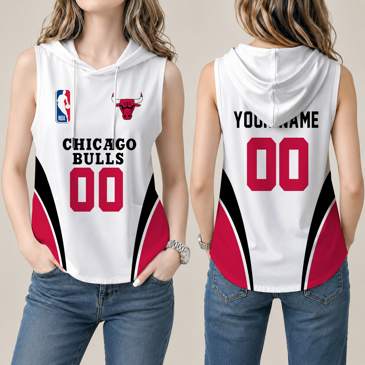 [HOT DEAL] NEW CUSTOMIZED NBA19 CBU CHICAGO BULLS  WOMEN'S SLEEVELESS HOODED POCKET TANK TOP