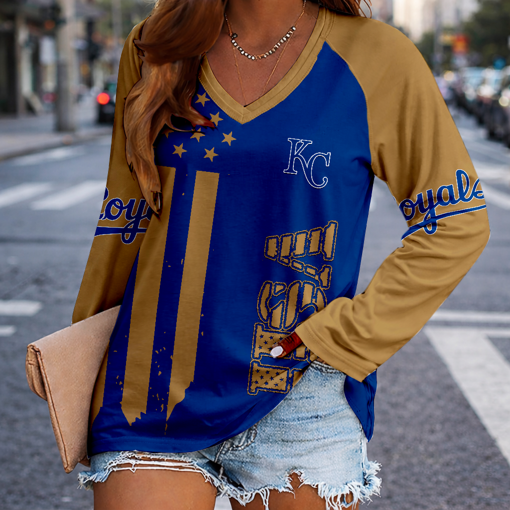 LIMITED EDITION - NEW CUSTOMIZED MLB19 KCR KANSAS CITY ROYALS WOMEN'S V-NECK LONG SLEEVED SHIRT