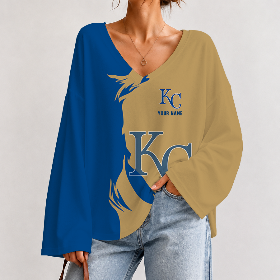 [FLASH SALE] NEW CUSTOMIZED MLB19 KCR KANSAS CITY ROYALS V-NECK LONG SLEEVED CROP TOP