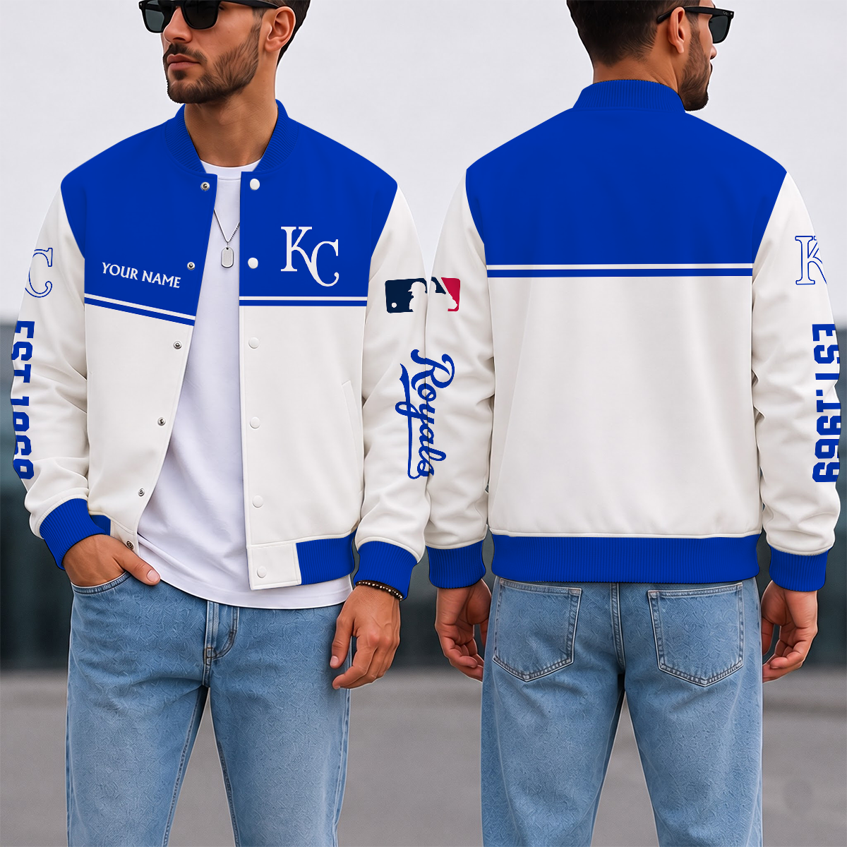 SPECIAL EDITION - NEW CUSTOMIZED MLB19 KCR KANSAS CITY ROYALS SATIN VARSITY & BASEBALL JACKET
