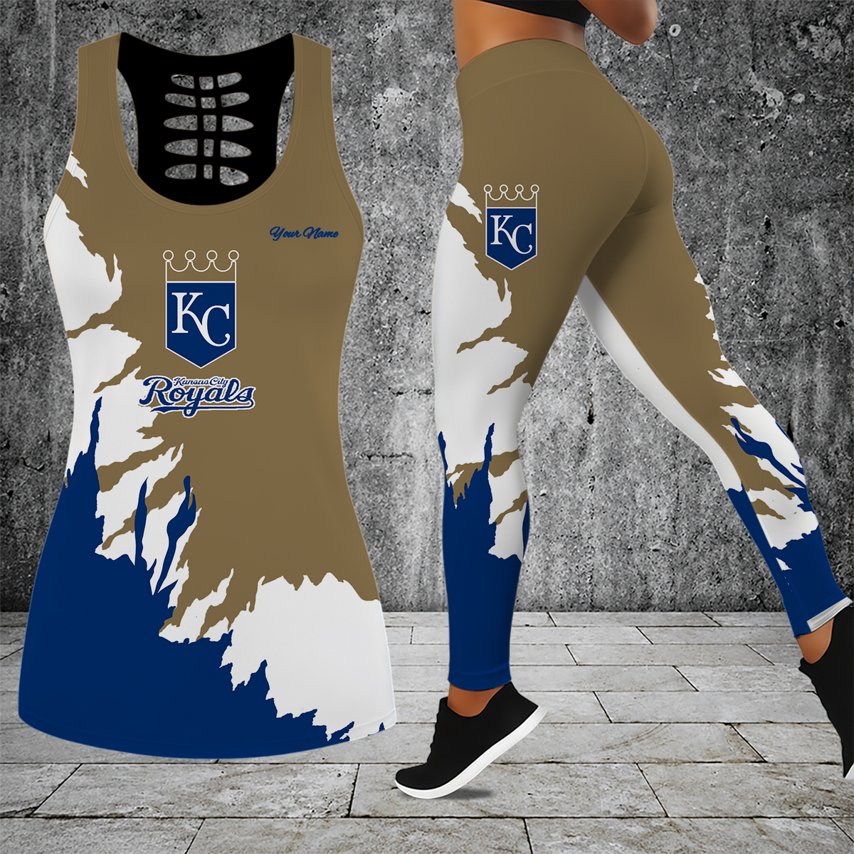 [FLASH SALE] NEW CUSTOMIZED MLB19 KCR KANSAS CITY ROYALS HOLLOW TANK TOP & LEGGINGS SET