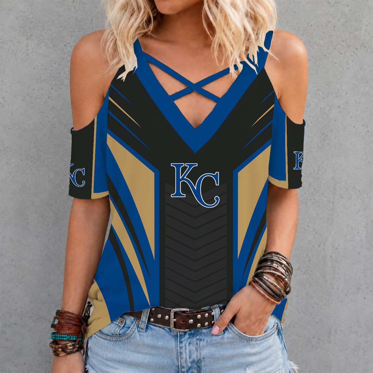 [FLASH SALE] NEW CUSTOMIZED MLB19 KCR KANSAS CITY ROYALS CRISS CROSS V-NECK TOP