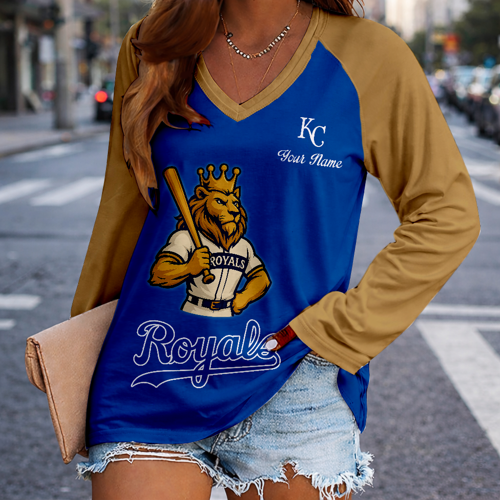 LIMITED EDITION - NEW CUSTOMIZED MLB19 KCR KANSAS CITY ROYALS WOMEN'S V-NECK LONG SLEEVED SHIRT