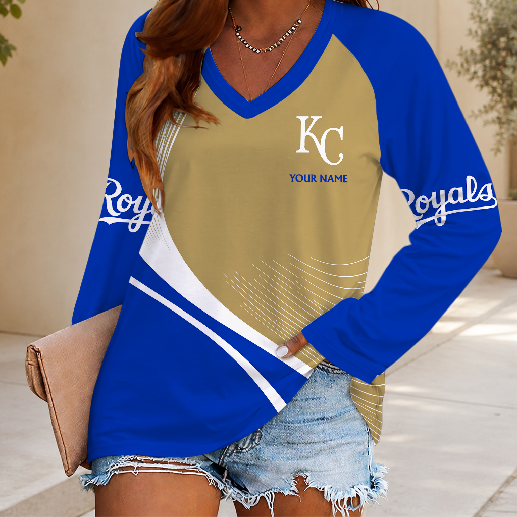 LIMITED EDITION - NEW CUSTOMIZED MLB19 KCR KANSAS CITY ROYALS WOMEN'S V-NECK LONG SLEEVED SHIRT