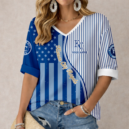 ELITE EDITION - NEW CUSTOMIZED MLB19 KCR KANSAS CITY ROYALS WOMEN'S HEART V-NECK LONG SLEEVE SHIRT