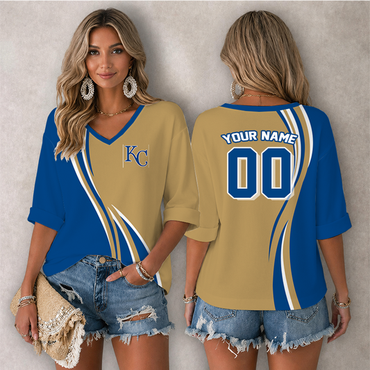 LIMITED EDITION - NEW CUSTOMIZED MLB19 KCR KANSAS CITY ROYALS WOMEN'S HEART V-NECK LONG SLEEVE SHIRT