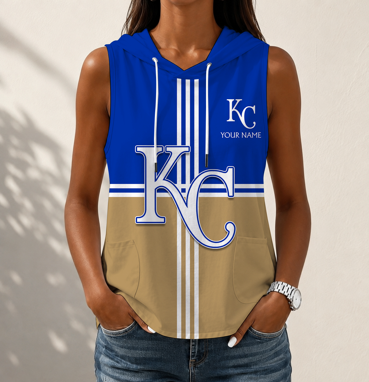 LIMITED EDITION - NEW CUSTOMIZED MLB19 KCR KANSAS CITY ROYALS WOMEN'S SLEEVELESS HOODED POCKET TANK TOP