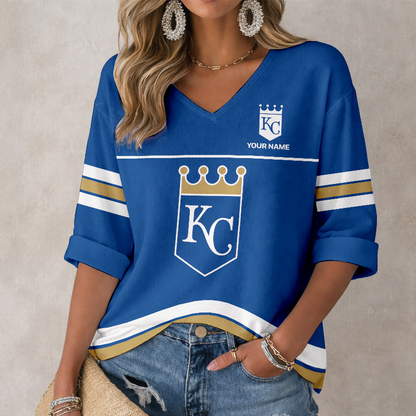 LIMITED EDITION - NEW CUSTOMIZED MLB19 KCR KANSAS CITY ROYALS WOMEN'S HEART V-NECK LONG SLEEVE SHIRT