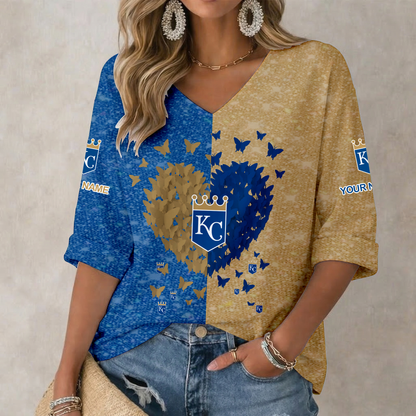 LIMITED EDITION - NEW CUSTOMIZED MLB19 KCR KANSAS CITY ROYALS WOMEN'S HEART V-NECK LONG SLEEVE SHIRT
