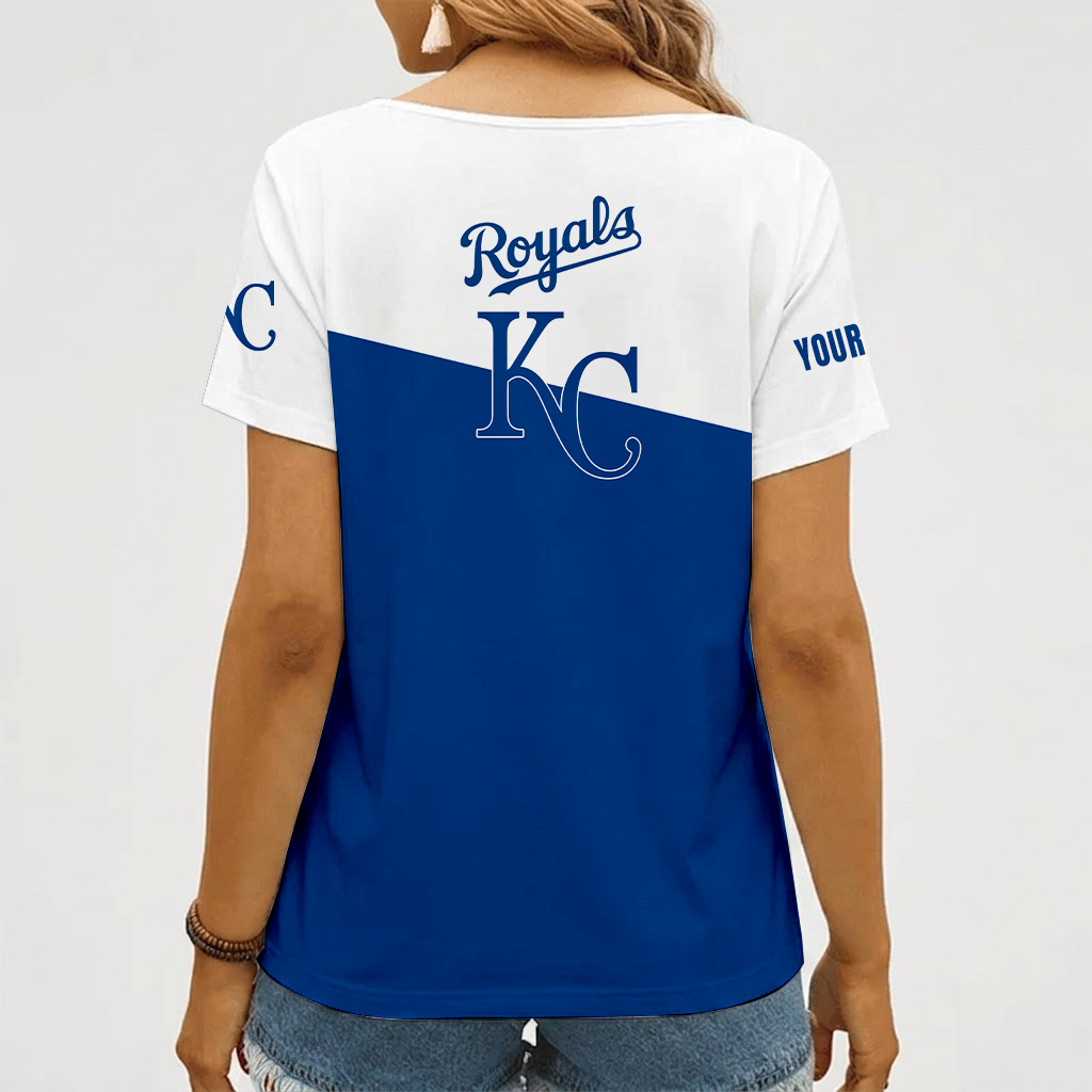 [FLASH SALE] NEW CUSTOMIZED MLB19 KCR KANSAS CITY ROYALS V-NECK FEMALE SHIRT