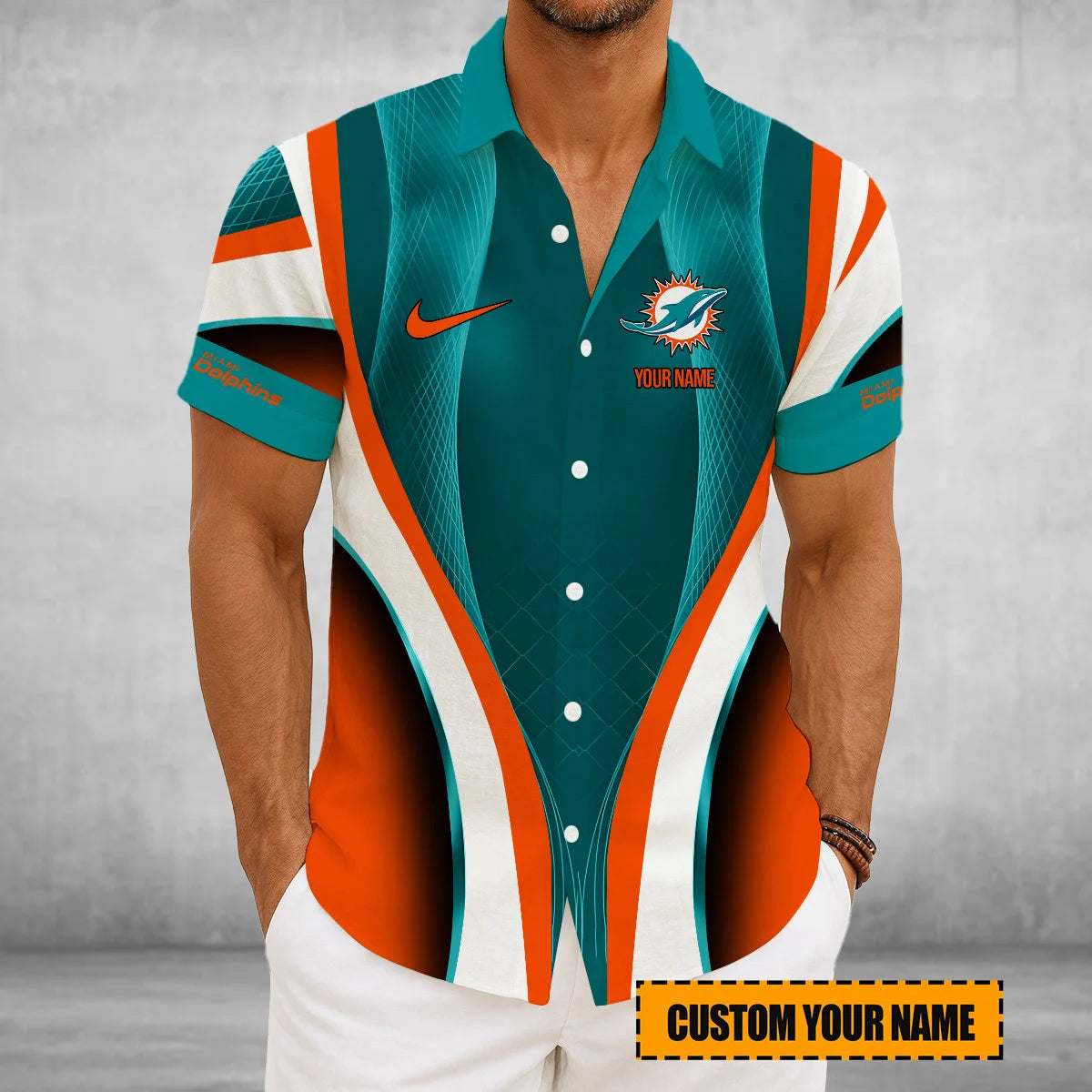 LIMITED EDITION - NEW CUSTOMIZED NFL19 MDP MIAMI DOLPHINS SHORT SLEEVE BUTTON-UP SHIRT