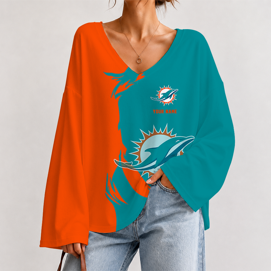 [SPECIAL OFFER] NEW CUSTOMIZED NFL19 MDP MIAMI DOLPHINS V NECK LONG SLEEVED CROP TOP
