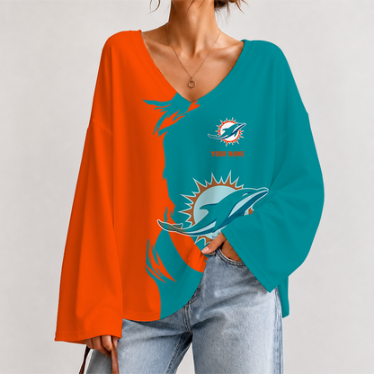[SPECIAL OFFER] NEW CUSTOMIZED NFL19 MDP MIAMI DOLPHINS V NECK LONG SLEEVED CROP TOP