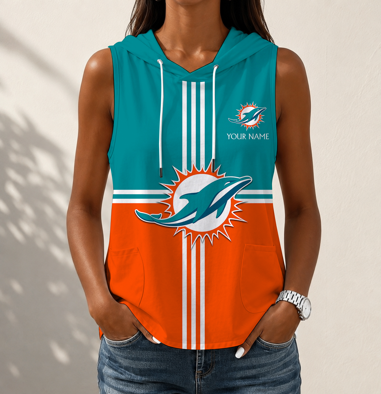 LIMITED EDITION - NEW CUSTOMIZED NFL19 MDP MIAMI DOLPHINS WOMEN'S SLEEVELESS HOODED POCKET TANK TOP