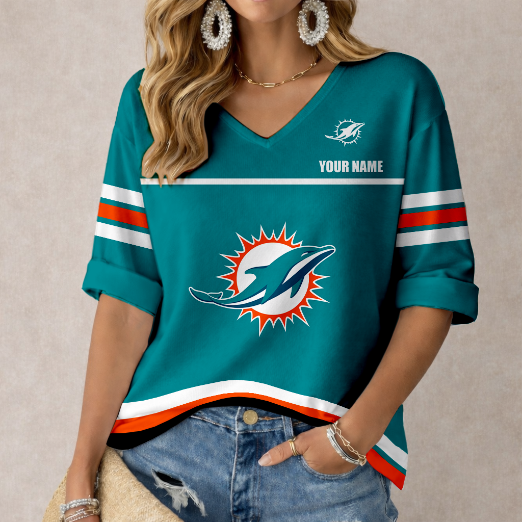LIMITED EDITION - NEW CUSTOMIZED NFL19 MDP MIAMI DOLPHINS WOMEN'S V-NECK MID-SLEEVE SHIRT