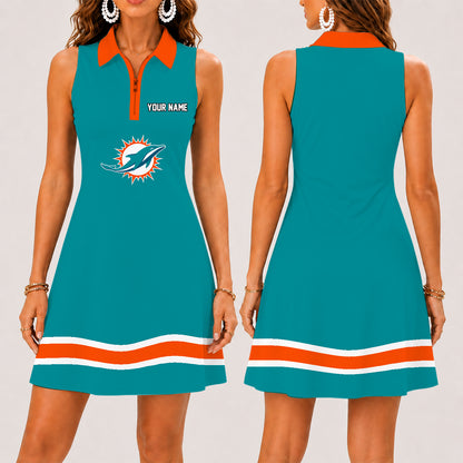 [SPECIAL OFFER] NEW CUSTOMIZED NFL19 MDP MIAMI DOLPHINS WOMEN'S ZIP SLEEVELESS POLO DRESS