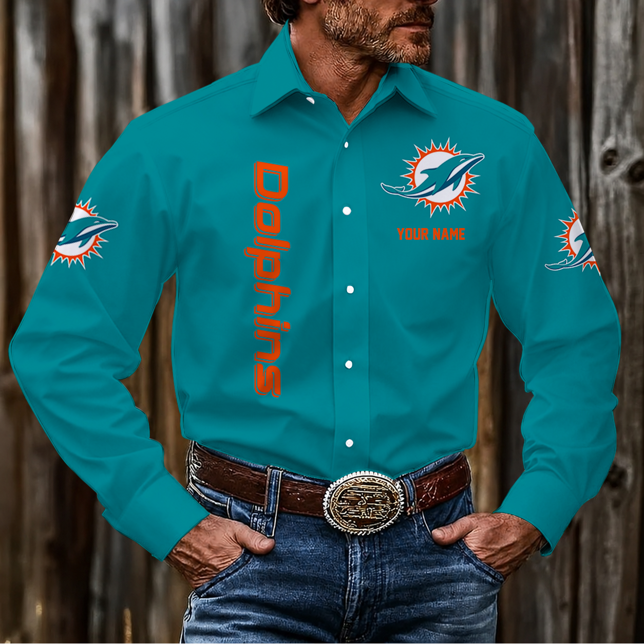 LIMITED EDITION - NEW CUSTOMIZED NFL19 MDP MIAMI DOLPHINS MEN'S LONG SLEEVE BUTTON-UP SHIRT
