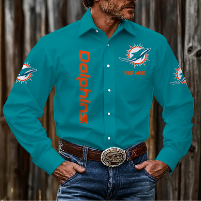 LIMITED EDITION - NEW CUSTOMIZED NFL19 MDP MIAMI DOLPHINS MEN'S LONG SLEEVE BUTTON-UP SHIRT